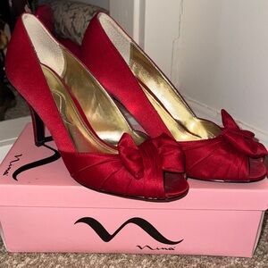 Nina Red Satin Peep-Toe Heels with Knot Bow